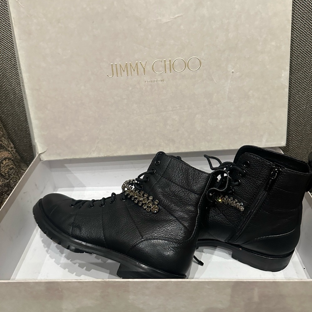 Jimmy Choo Black Grainy Leather Combat Boots With Crystal Detail